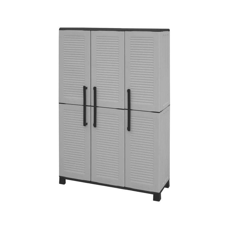 Armadio da esterno Nandrin, Mobile porta scope, Armadietto da esterno 3 ante, 100% Made in Italy, 102x37h169 cm, Grigio chiaro e Nero Finitura righe