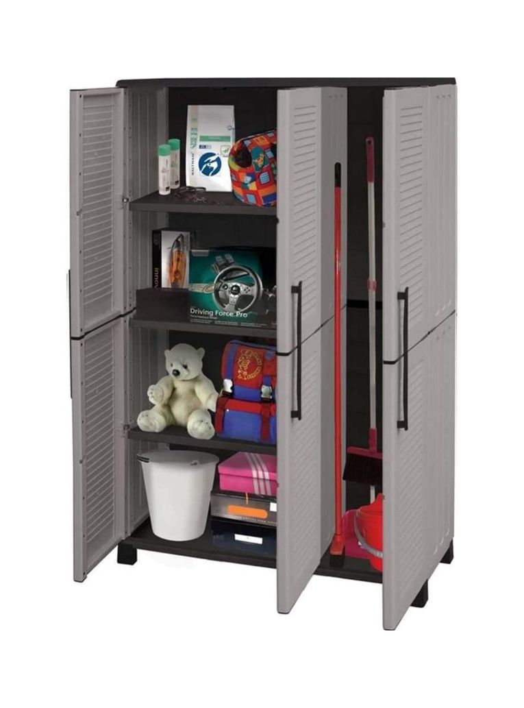 Armadio da esterno Nandrin, Mobile porta scope, Armadietto da esterno 3 ante, 100% Made in Italy, 102x37h169 cm, Grigio chiaro e Nero Finitura righe