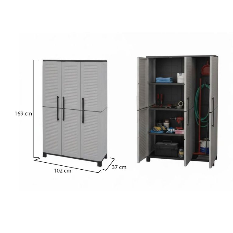 Armadio da esterno Nandrin, Mobile porta scope, Armadietto da esterno 3 ante, 100% Made in Italy, 102x37h169 cm, Grigio chiaro e Nero Finitura righe