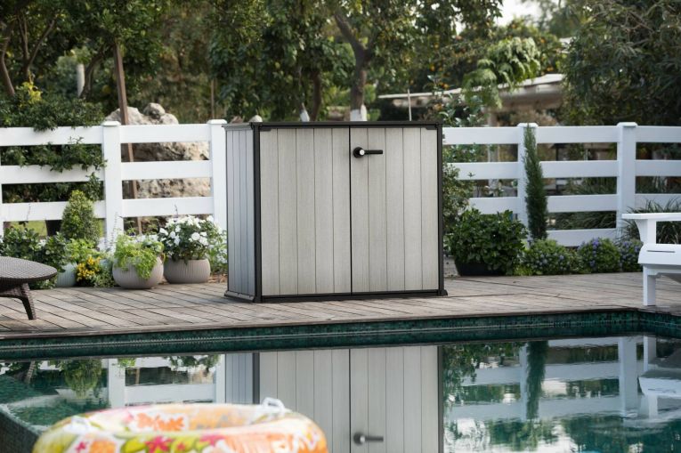Armadio da esterno Onore, Mobile outdoor, Mobiletto giardino multiuso, Contenitore per balcone o garage, 140x77 h120 cm, Grigio