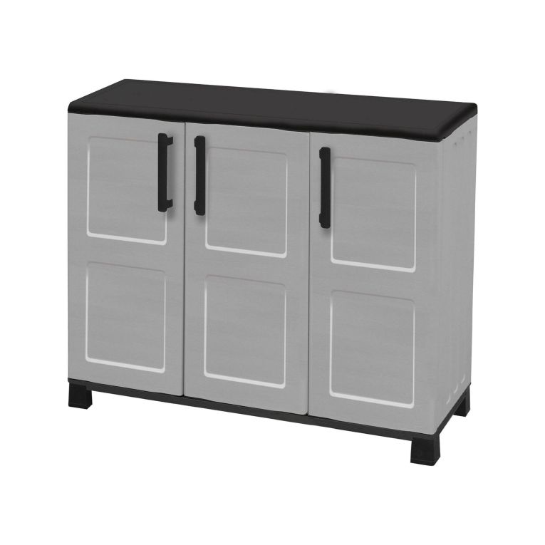 Armadio da esterno Pelt, Armadio balcone multiuso, Mobile outdoor 3 ante, 100% Made in Italy, 102x37h90 cm, Grigio chiaro e Nero, Finitura quadri