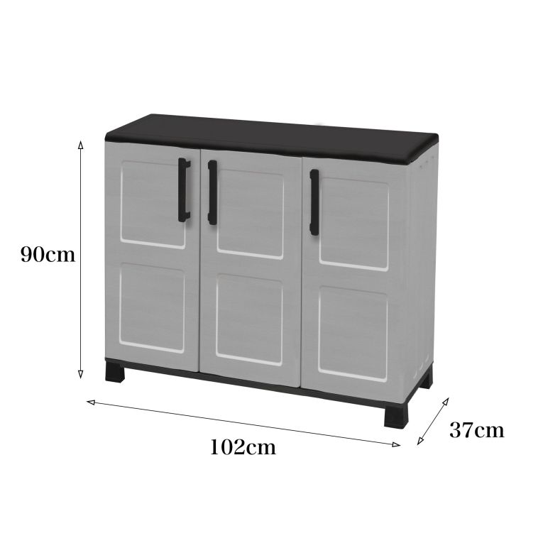Armadio da esterno Pelt, Armadio balcone multiuso, Mobile outdoor 3 ante, 100% Made in Italy, 102x37h90 cm, Grigio chiaro e Nero, Finitura quadri