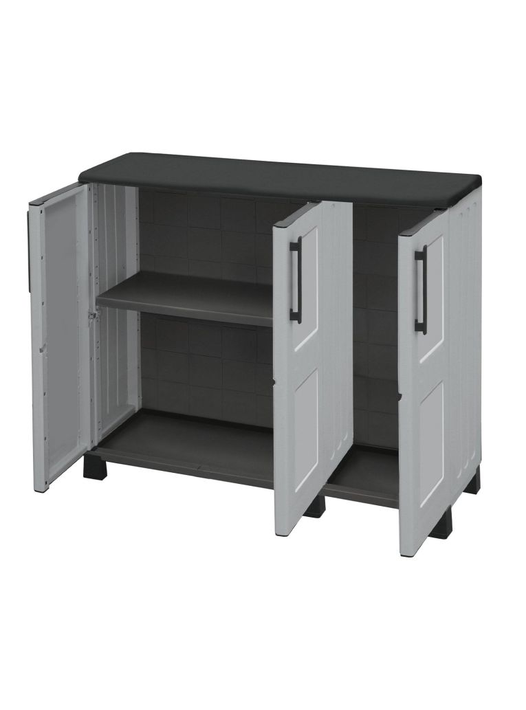 Armadio da esterno Pelt, Armadio balcone multiuso, Mobile outdoor 3 ante, 100% Made in Italy, 102x37h90 cm, Grigio chiaro e Nero, Finitura quadri