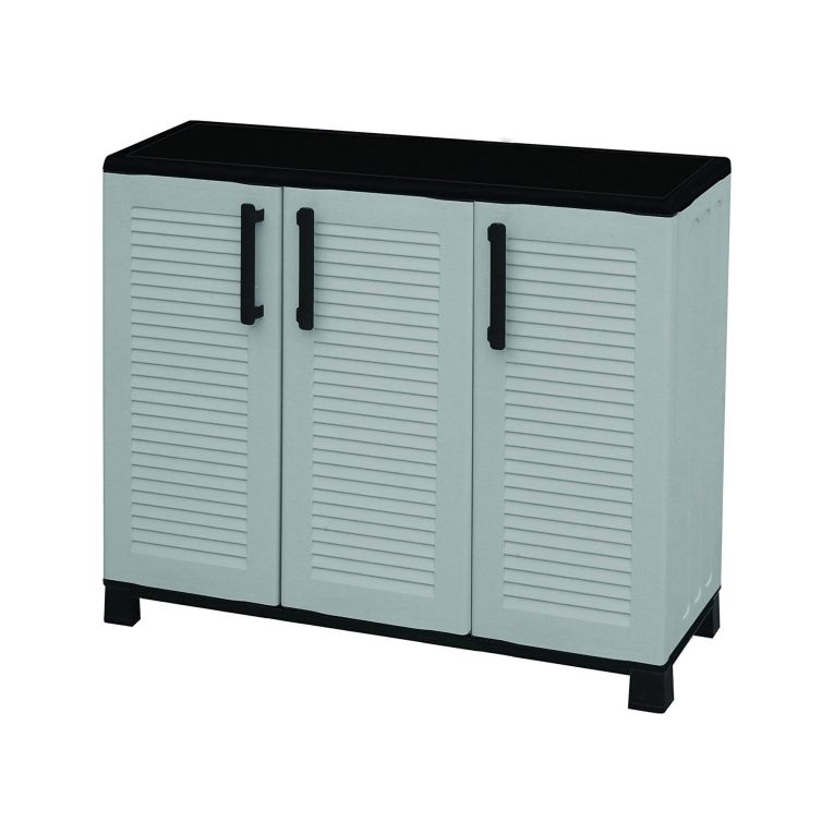 Armadio da esterno Pelt, Armadio balcone multiuso, Mobile outdoor 3 ante, 100% Made in Italy, 102x37h90 cm, Grigio chiaro e Nero, Finitura righe