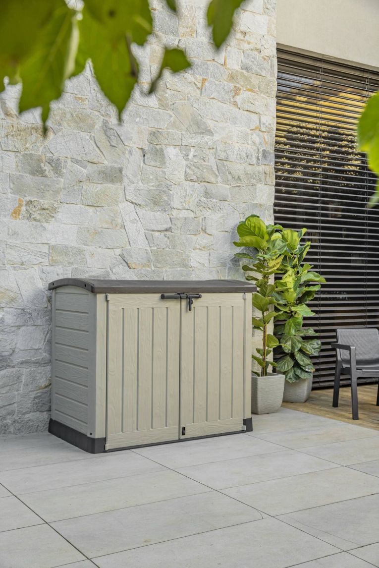 Armadio da esterno Polinago, Mobile outdoor, Mobiletto giardino multiuso, Contenitore per balcone o garage, 146x82 h120 cm, Beige