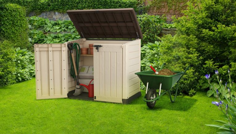 Armadio da esterno Polinago, Mobile outdoor, Mobiletto giardino multiuso, Contenitore per balcone o garage, 146x82 h125 cm, Beige