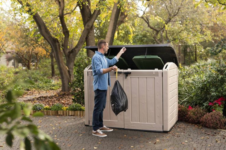 Armadio da esterno Polinago, Mobile outdoor, Mobiletto giardino multiuso, Contenitore per balcone o garage, 177x113 h134 cm, Beige