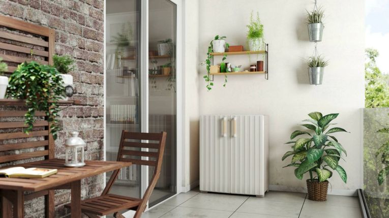 Armadio da esterno Ronago, Mobile outdoor, Mobiletto giardino multiuso, Contenitore per balcone o garage, Made in Italy, 80x45 h98 cm, Sabbia