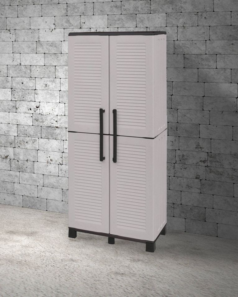 Armadio da esterno Verviers, Mobile balcone multiuso 2 ante, 100% Made in Italy, 68x37h169 cm, Grigio chiaro e Nero, Finitura righe