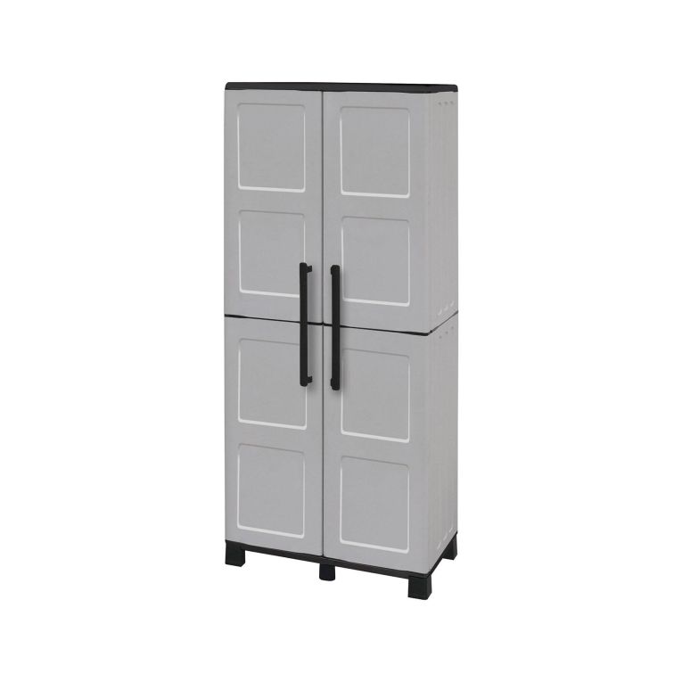 Armadio da esterno Veurne, Armadio porta scope, Mobile outdoor 2 ante, 100% Made in Italy, 68x37h169 cm, Grigio chiaro e Nero, Finitura quadri
