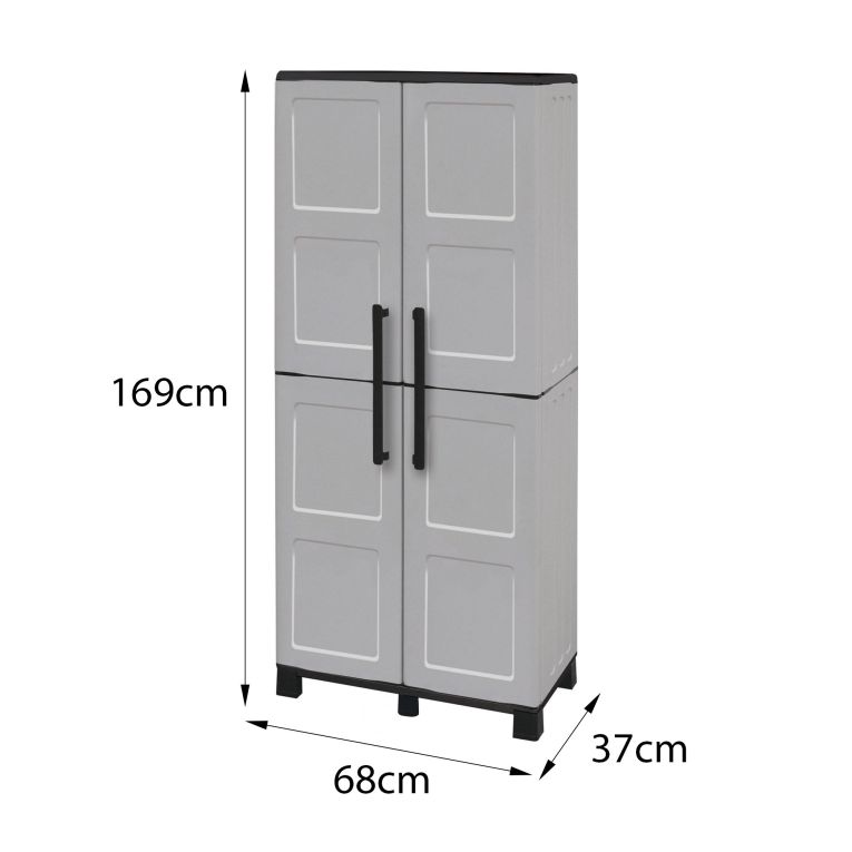 Armadio da esterno Veurne, Armadio porta scope, Mobile outdoor 2 ante, 100% Made in Italy, 68x37h169 cm, Grigio chiaro e Nero, Finitura quadri