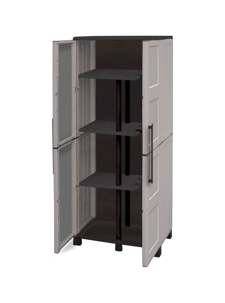 Armadio da esterno Veurne, Armadio porta scope, Mobile outdoor 2 ante, 100% Made in Italy, 68x37h169 cm, Grigio chiaro e Nero, Finitura quadri