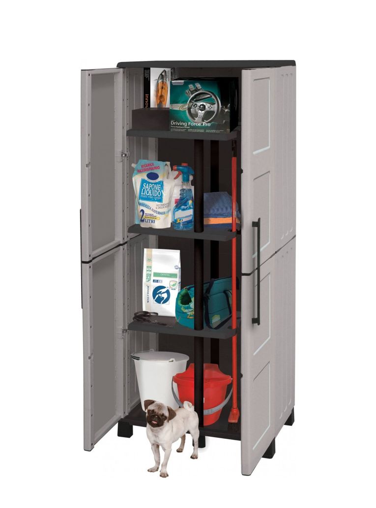 Armadio da esterno Veurne, Armadio porta scope, Mobile outdoor 2 ante, 100% Made in Italy, 68x37h169 cm, Grigio chiaro e Nero, Finitura quadri