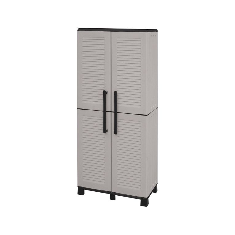 Armadio da esterno Veurne, Armadio porta scope, Mobile outdoor 2 ante, 100% Made in Italy, 68x37h169 cm, Grigio chiaro e Nero, Finitura righe