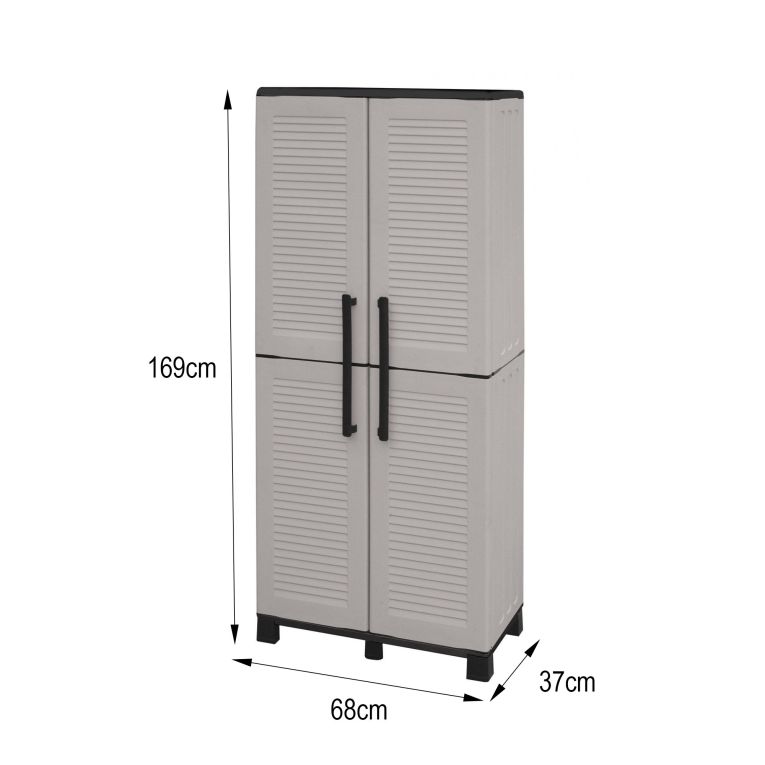 Armadio da esterno Veurne, Armadio porta scope, Mobile outdoor 2 ante, 100% Made in Italy, 68x37h169 cm, Grigio chiaro e Nero, Finitura righe