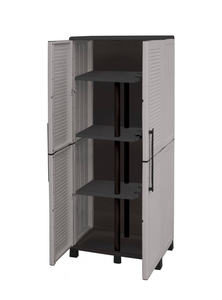 Armadio da esterno Veurne, Armadio porta scope, Mobile outdoor 2 ante, 100% Made in Italy, 68x37h169 cm, Grigio chiaro e Nero, Finitura righe