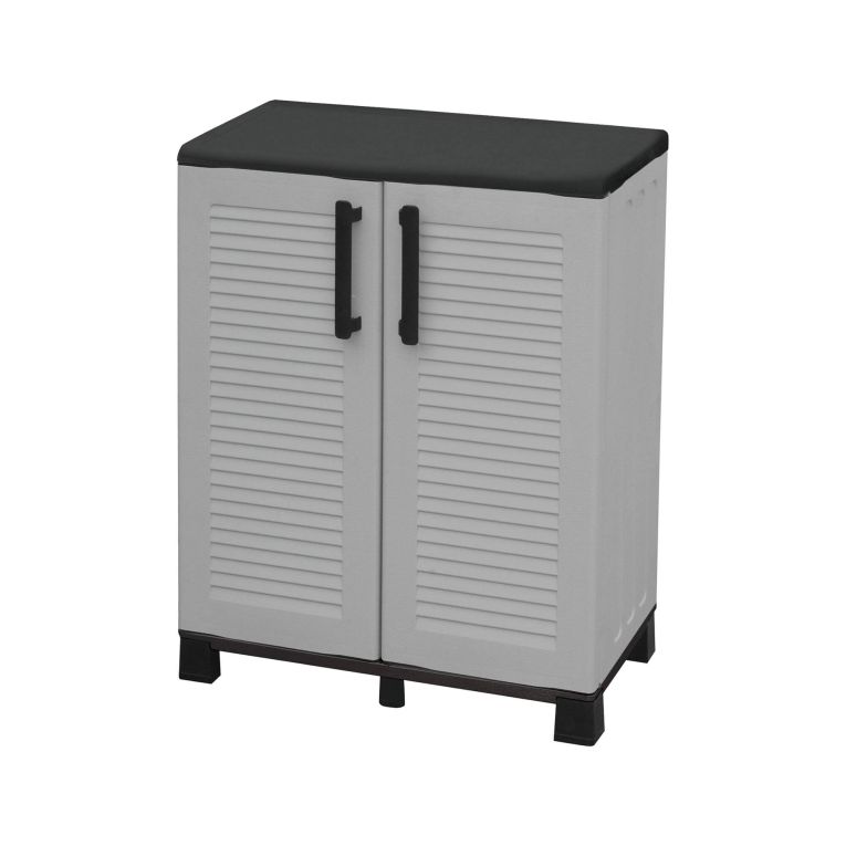 Armadio da esterno Wavre, Armadio balcone multiuso, Mobile outdoor 2 ante, 100% Made in Italy, 68x37h90 cm, Grigio chiaro e Nero, Finitura righe