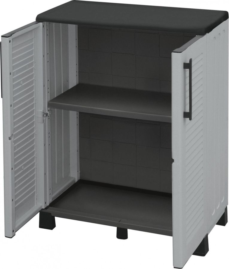 Armadio da esterno Wavre, Armadio balcone multiuso, Mobile outdoor 2 ante, 100% Made in Italy, 68x37h90 cm, Grigio chiaro e Nero, Finitura righe