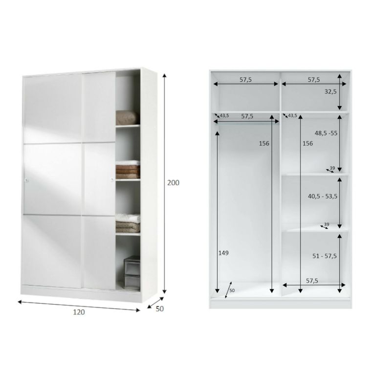 Armadio Guardaroba 2 Ante Scorrevoli 120x50x200h cm Bianco lucido Salvaspazio in Legno con Appendiabiti e 4 Ripiani Regolabili – Adrenalin