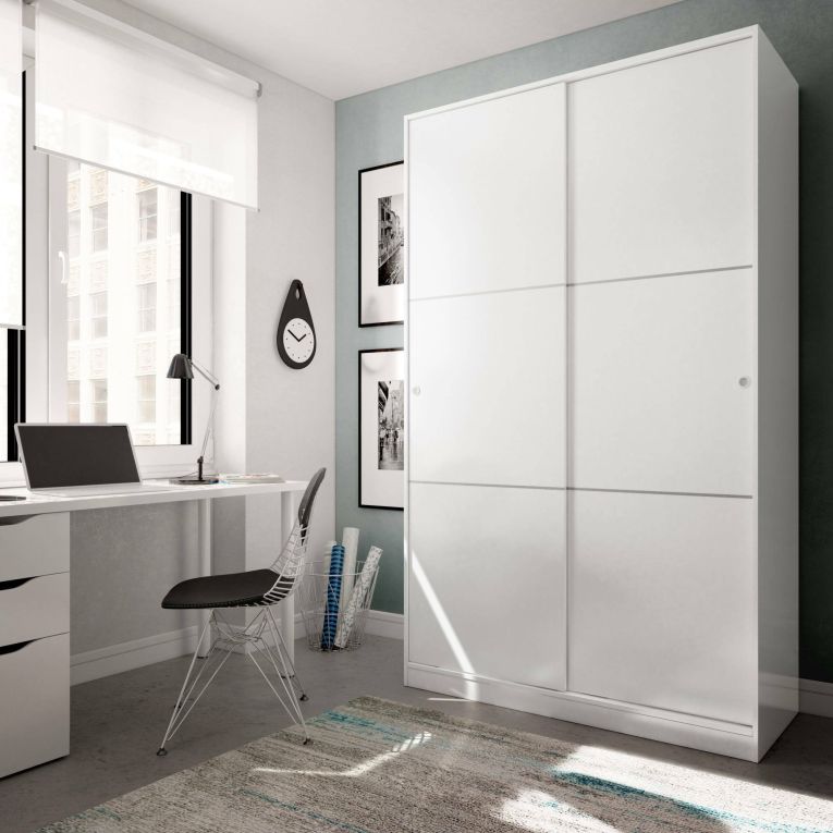 Armadio Guardaroba 2 Ante Scorrevoli 120x50x200h cm Bianco lucido Salvaspazio in Legno con Appendiabiti e 4 Ripiani Regolabili – Adrenalin