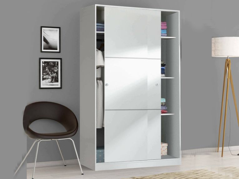 Armadio Guardaroba 2 Ante Scorrevoli 120x50x200h cm Bianco lucido Salvaspazio in Legno con Appendiabiti e 4 Ripiani Regolabili – Adrenalin