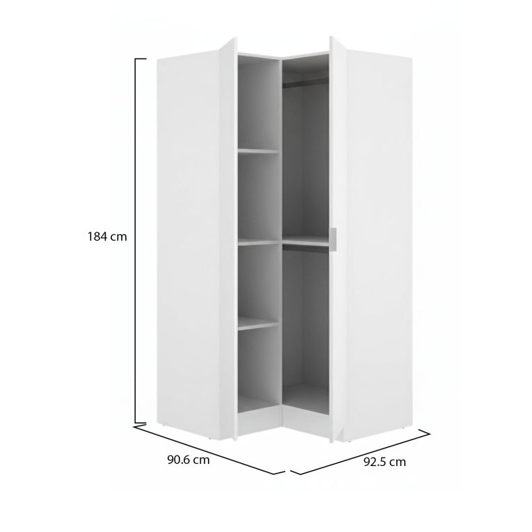 Armadio Guardaroba Angolare Elgon 2 Ante 91x93x184h cm Bianco con Appendiabiti e 4 Ripiani Salvaspazio in Legno Nobilitato – Elgon