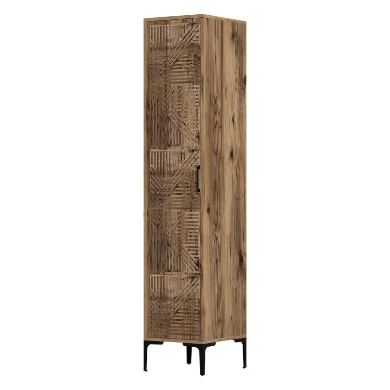 Armadio Multiuso 1 Anta Marrone Noce 4 Ripiani Un'anta 40x201h cm, Intaglio Geometrico - Felitto