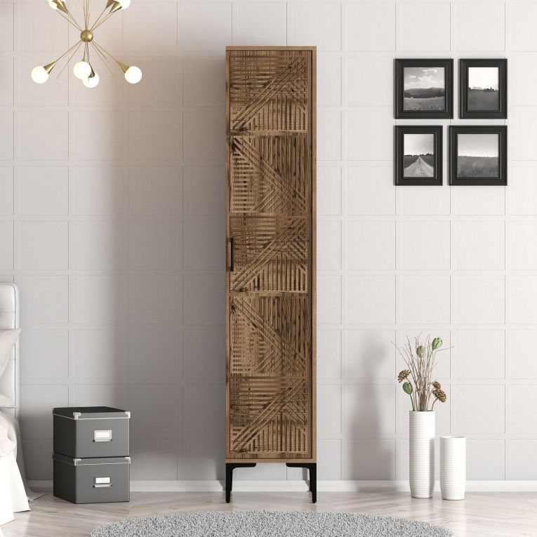 Armadio Multiuso 1 Anta Marrone Noce 4 Ripiani Un'anta 40x201h cm, Intaglio Geometrico - Felitto