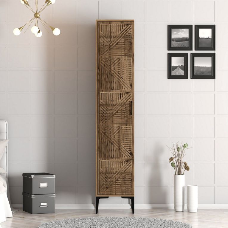 Armadio Multiuso 1 Anta Marrone Noce 4 Ripiani Un'anta 40x201h cm, Intaglio Geometrico - Felitto