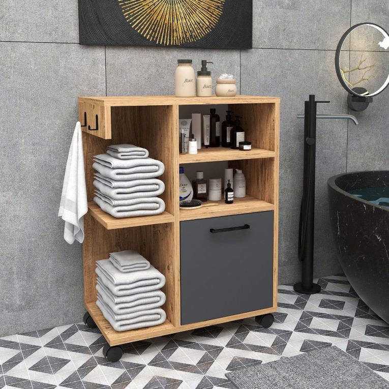 Armadio Multiuso 1 Anta Marrone Rovere Nero Antracite 5 Ripiani Un'anta 60x81h cm, 5 Vani - Fornelli