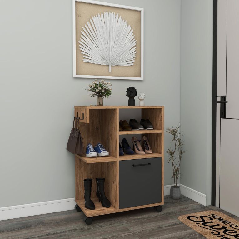 Armadio Multiuso 1 Anta Marrone Rovere Nero Antracite 5 Ripiani Un'anta 60x81h cm, 5 Vani - Fornelli
