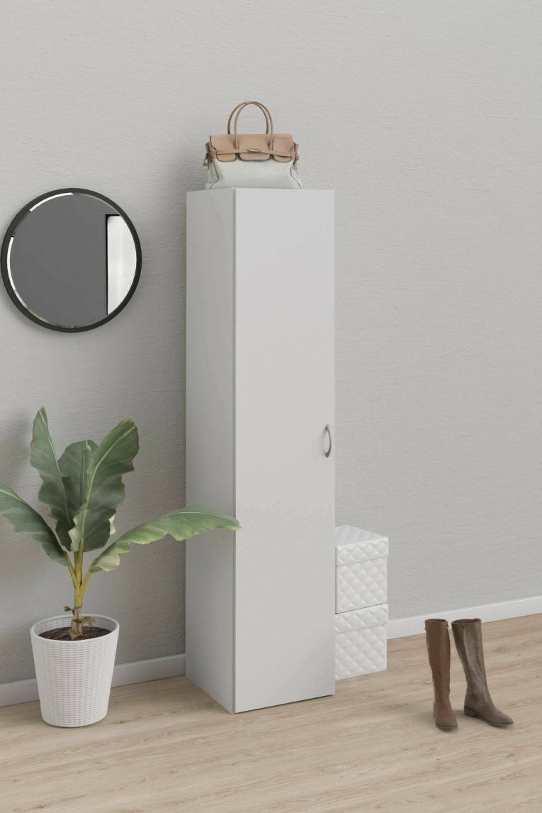 Armadio multiuso 1 anta Odette, Mobile multifunzionale, Mobiletto scarpiera, Guardaroba porta scarpe, 39x41 h175 cm, Bianco