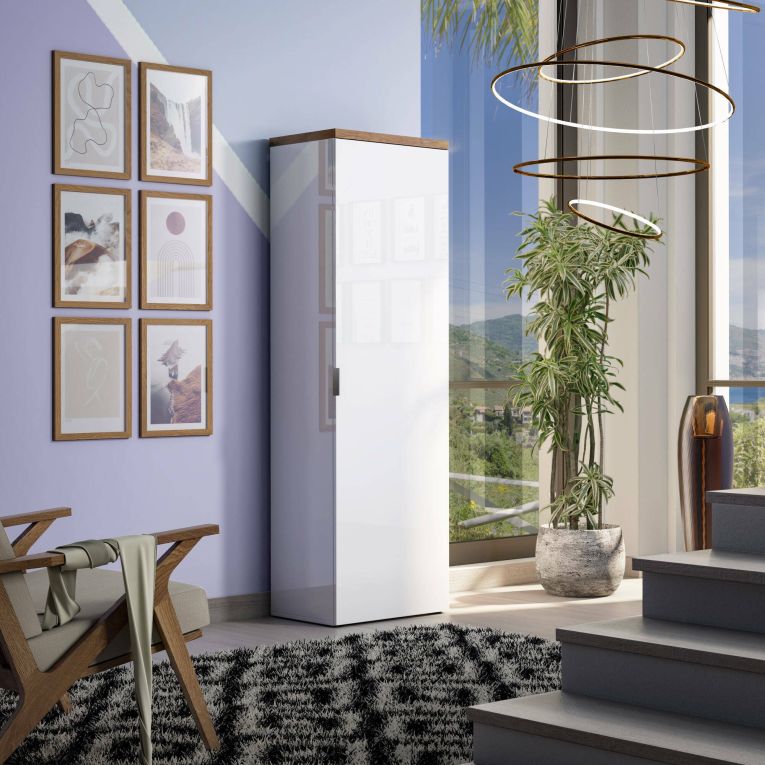 Armadio multiuso 1 anta Tunisi, Mobile multifunzionale, Mobiletto scarpiera, Guardaroba porta scarpe, Made in Italy, 60x40h190 cm, Bianco lucido e Rovere