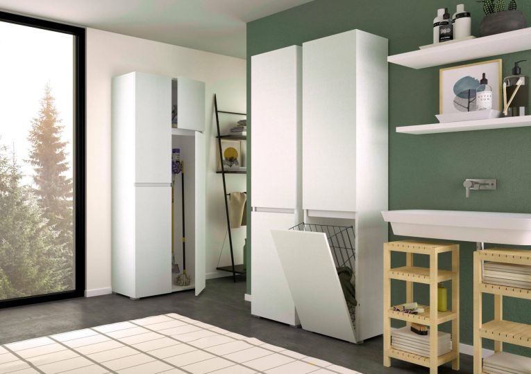 Armadio multiuso 2 ante Agapanto, Mobile lavanderia a 2 ante, Colonna da bagno con cestello portabiancheria, 100% Made in Italy, 45x37h195 cm, Bianco