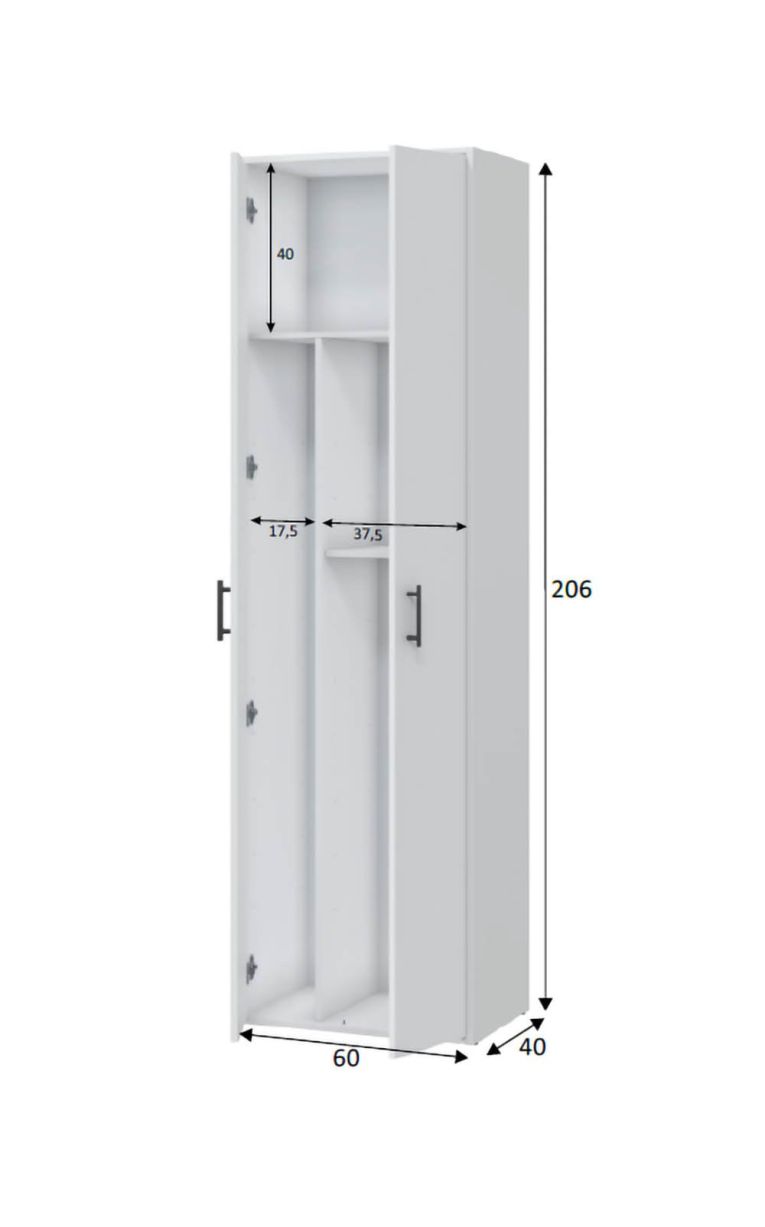 Armadio Multiuso 2 Ante Bianco 2 Ripiani Apertura Battente 60x206h cm, 2 Ante - Strevi