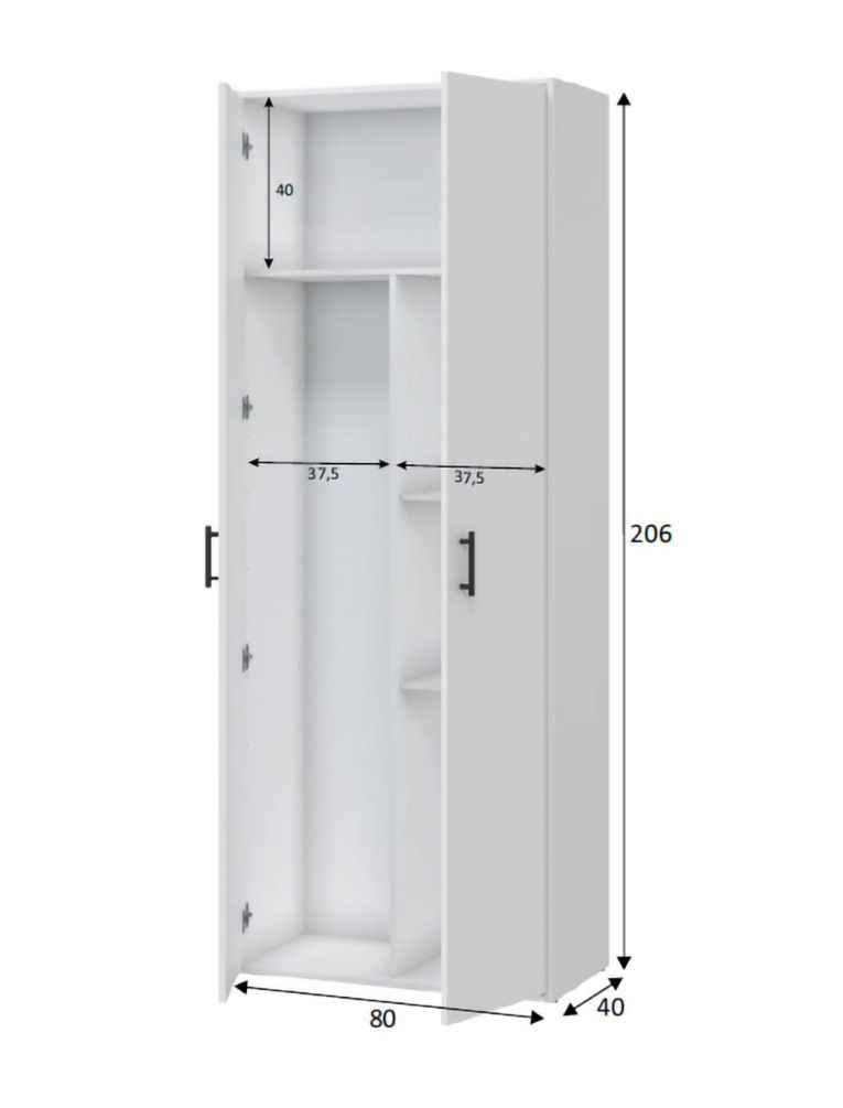 Armadio Multiuso 2 Ante Bianco 3 Ripiani Apertura Battente 80x206h cm, 2 Ante - Mileto