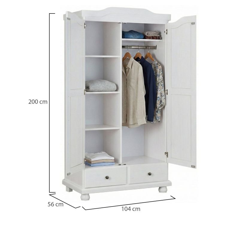 Armadio Multiuso 2 Ante Bianco 4 Ripiani 2 Cassetti 104x200h cm, Appendiabiti - Vernio