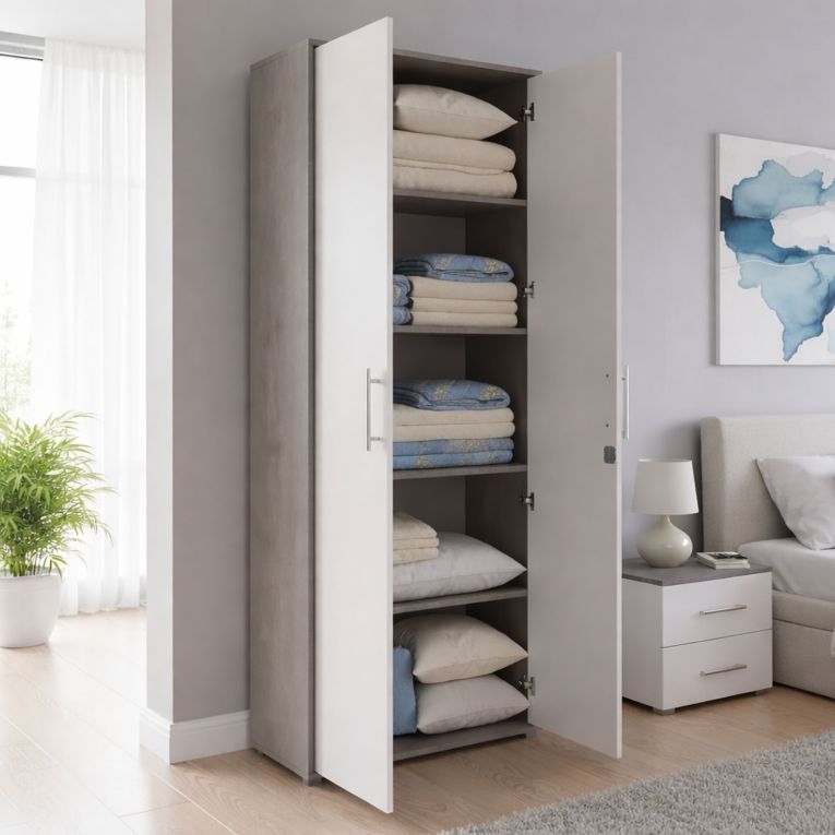 Armadio Multiuso 2 Ante Bianco Grigio Cemento 4 Ripiani Apertura Battente 79x34h cm, 2 Ante - Aveto