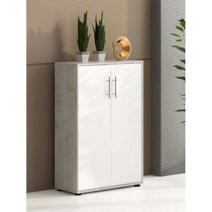 Armadio multiuso 2 ante Cambrils, Mobile ausiliario, Guardaroba portascarpe, Libreria multifunzione a 2 ante, Bianco e Cemento, 79x34h118 cm