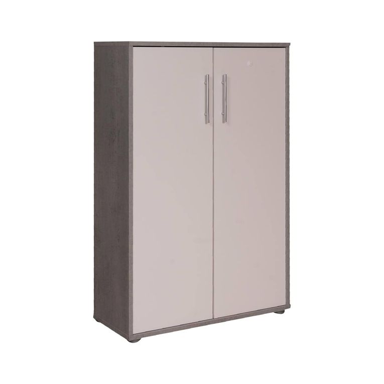 Armadio multiuso 2 ante Cambrils, Mobile ausiliario, Guardaroba portascarpe, Libreria multifunzione a 2 ante, Bianco e Cemento, 79x34h118 cm