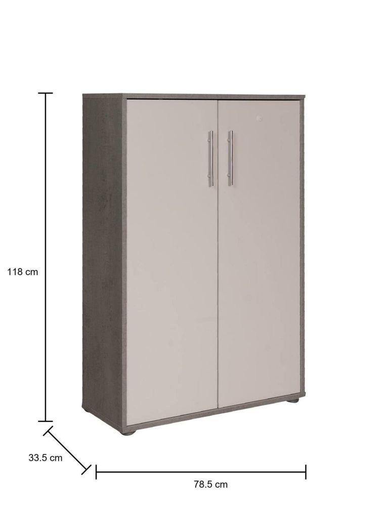 Armadio multiuso 2 ante Cambrils, Mobile ausiliario, Guardaroba portascarpe, Libreria multifunzione a 2 ante, Bianco e Cemento, 79x34h118 cm