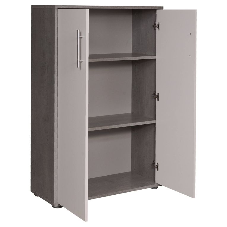 Armadio multiuso 2 ante Cambrils, Mobile ausiliario, Guardaroba portascarpe, Libreria multifunzione a 2 ante, Bianco e Cemento, 79x34h118 cm