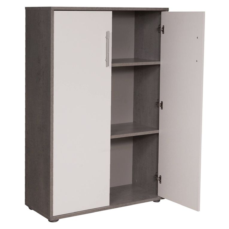 Armadio multiuso 2 ante Cambrils, Mobile ausiliario, Guardaroba portascarpe, Libreria multifunzione a 2 ante, Bianco e Cemento, 79x34h118 cm