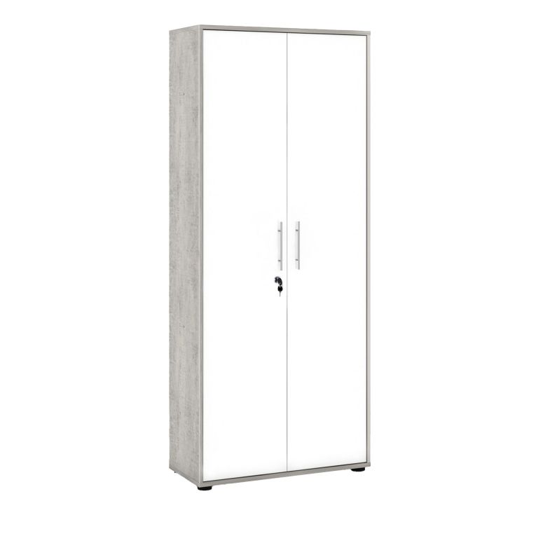 Armadio multiuso 2 ante Cambrils, Mobile ausiliario, Guardaroba portascarpe, Libreria multifunzione a 2 ante, Bianco e Cemento, 79x34h188 cm