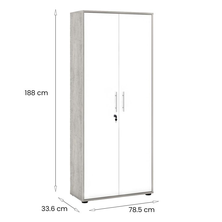 Armadio multiuso 2 ante Cambrils, Mobile ausiliario, Guardaroba portascarpe, Libreria multifunzione a 2 ante, Bianco e Cemento, 79x34h188 cm