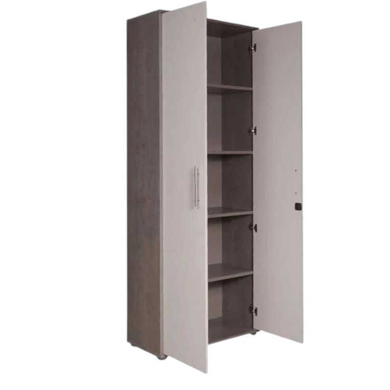 Armadio multiuso 2 ante Cambrils, Mobile ausiliario, Guardaroba portascarpe, Libreria multifunzione a 2 ante, Bianco e Cemento, 79x34h188 cm