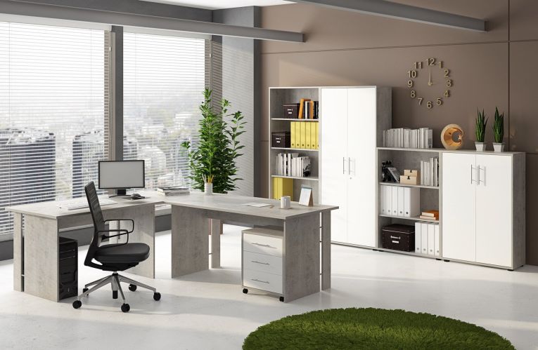 Armadio multiuso 2 ante Cambrils, Mobile ausiliario, Guardaroba portascarpe, Libreria multifunzione a 2 ante, Bianco e Cemento, 79x34h188 cm