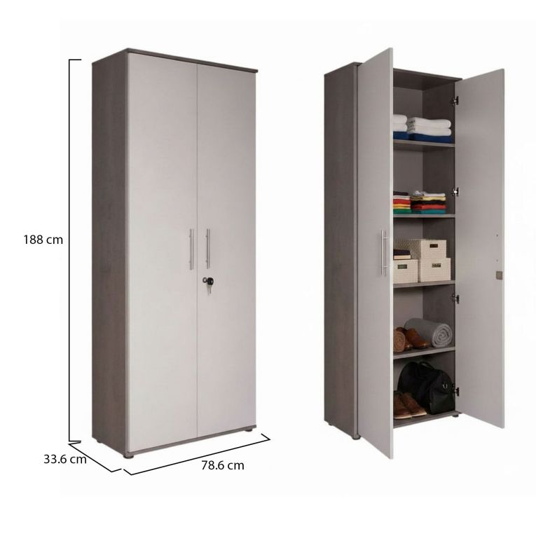 Armadio multiuso 2 ante Cambrils, Mobile ausiliario, Guardaroba portascarpe, Libreria multifunzione a 2 ante, Bianco e Cemento, 79x34h188 cm