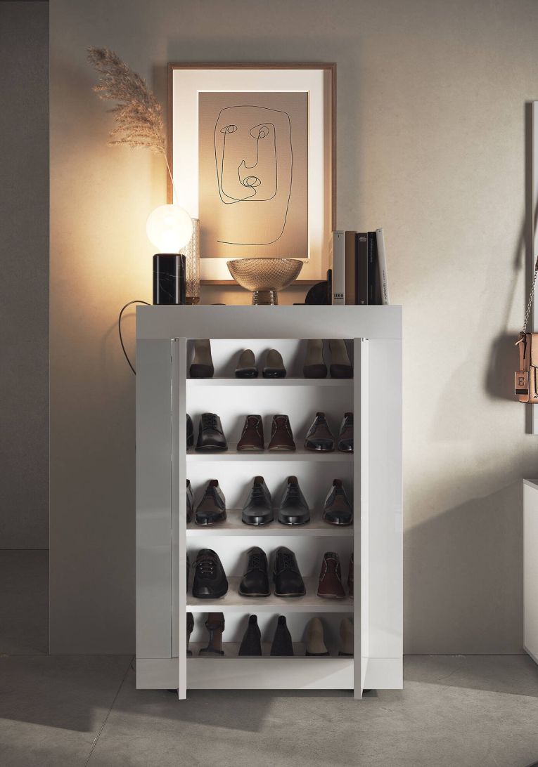 Armadio multiuso 2 ante Endine, Mobile multifunzionale, Mobiletto scarpiera, Guardaroba porta scarpe, Made in Italy, 78x35 h113 cm, Bianco