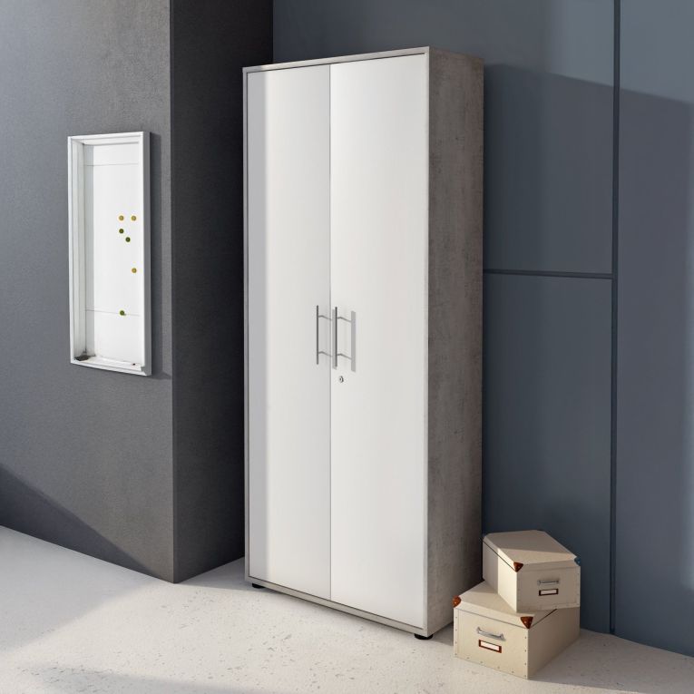 Armadio Multiuso 2 Ante Grigio Cemento Bianco Cassetti 4 Ripiani 79x188h cm, 2 Ante - Saponara